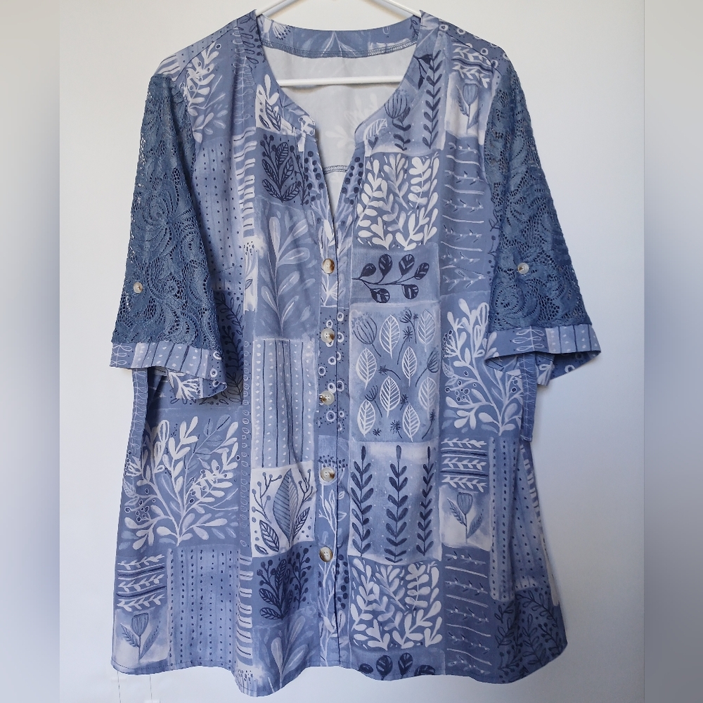 Unsigned Womens Denim Blue Lace Short Sleeve Leaf Print Top XXL